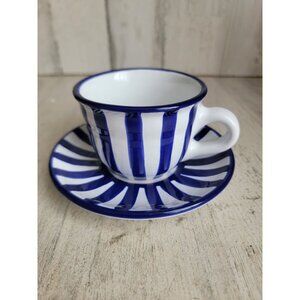 City to cottage dark blue striped teacup mug‎ saucer set